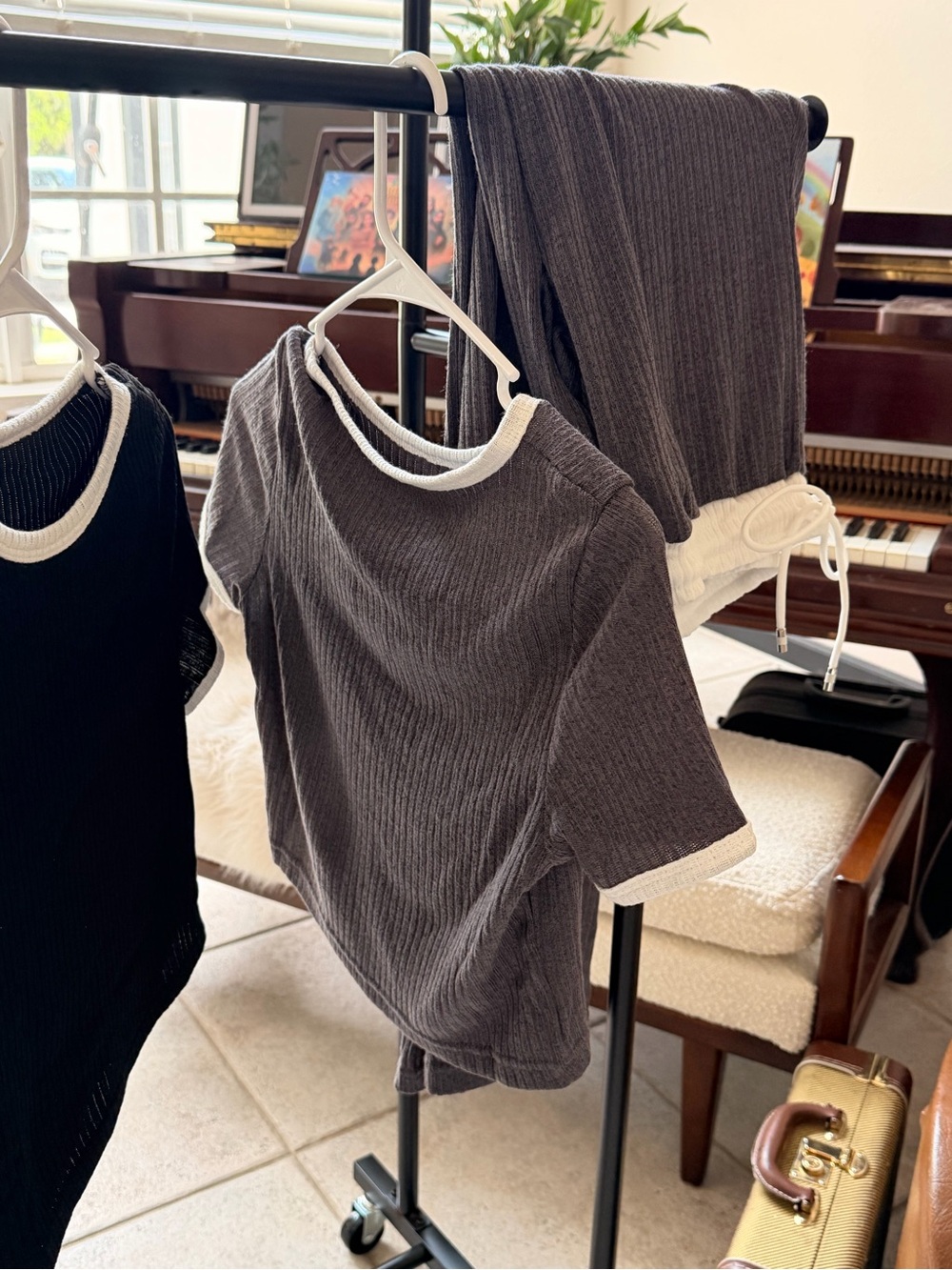Ribbed Two-Piece Set in Charcoal with Cream Trim - Picture 2 of 2